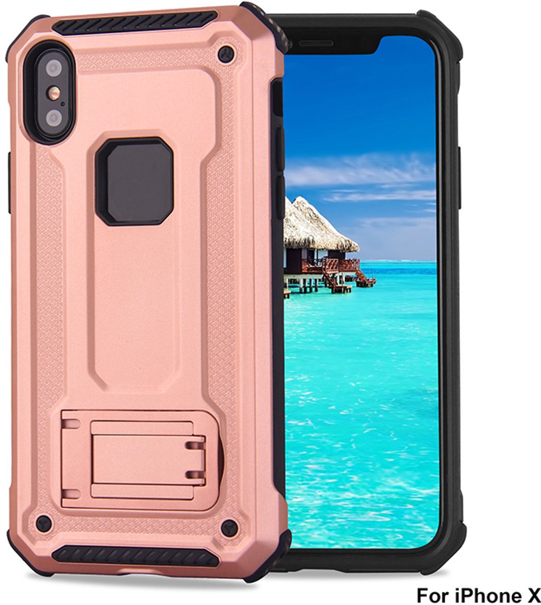 Ntech hoesje Geschikt voor iPhone X / Xs - Armor hoesje met Kickstand - Rosegoud