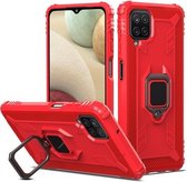 Voor Samsung Galaxy A12 5G koolstofvezel beschermhoes met 360 graden roterende ringhouder (rood)