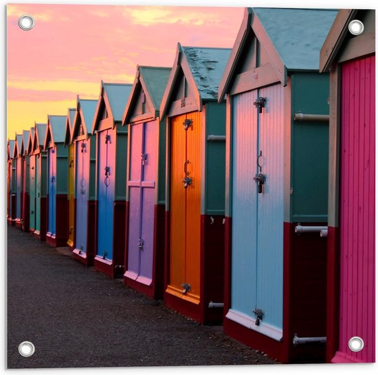 Tuinposter – Gekleurde Strandhuisjes - 50x50cm Foto op Tuinposter  (wanddecoratie voor buiten en binnen)