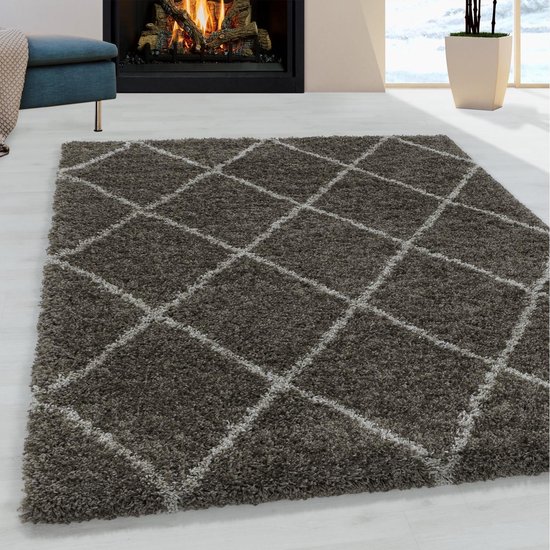 Flycarpets Azure Vloerkleed - 140x200cm - Geruit - Taupe - Hoogpolig