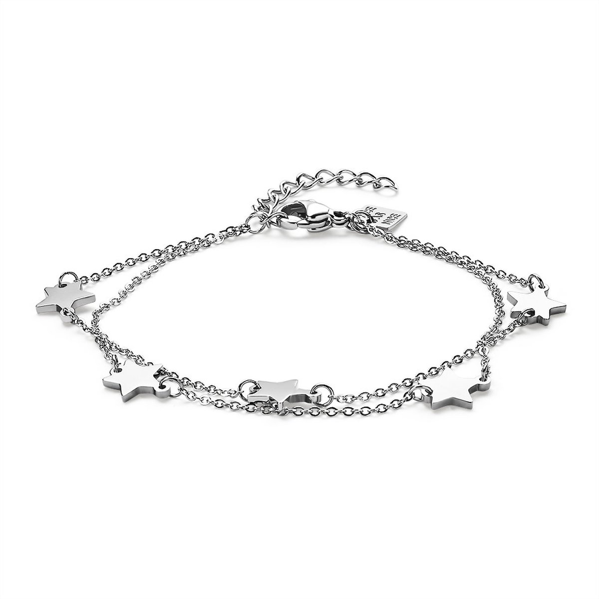 Twice As Nice Armband in edelstaal, dubbele ketting met 5 sterretjes 19cm