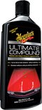 Meguiar's Ultimate Compound fles met gele en zwarte etikettering. Toont een rode auto met "Voor" en "Na" secties.