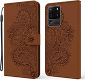 Voor Samsung Galaxy S20 Ultra Pauw Reliëf Patroon Horizontale Flip Leren Case met Houder & Kaartsleuven & Portemonnee & Lanyard (Bruin)