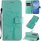 Voor Xiaomi Mi 10 5G / Mi 10 Pro 5G Tree & Cat Pattern Pressed Printing Horizontale flip PU lederen tas met houder & kaartsleuven & portemonnee & lanyard (groen)