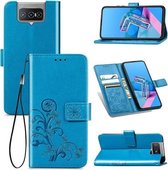 Voor Asus Zenfone 7/7 Pro Vierbladige sluiting Reliëfsluiting Mobiele telefoonbescherming Leren hoes met Lanyard & Card Slot & Wallet & Bracket-functie (blauw)