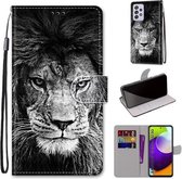 Voor Samsung Galaxy A52 5G Gekleurde Tekening Cross Textuur Horizontale Flip PU Lederen Case met Houder & Kaartsleuven & Portemonnee & Lanyard (Zwart Wit Leeuwenkop)