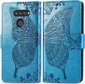 Voor LG K50S vlinder liefde bloem reliëf horizontale flip lederen tas met beugel / kaartsleuf / portemonnee / lanyard (blauw)