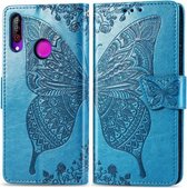 Butterfly Love Flowers Embossing Horizontale Flip Leather Case voor LG W30, met houder & kaartsleuven & portemonnee & lanyard (blauw)