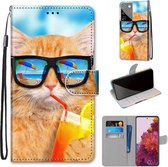 Voor Samsung Galaxy S21 Ultra 5G Gekleurde Tekening Cross Textuur Horizontale Flip PU Lederen Case met Houder & Kaartsleuven & Portemonnee & Lanyard (Kat Drinken Soda)