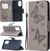 Voor Samsung Galaxy Note20 Embossing Twee Vlinders Patroon Horizontale Flip PU Lederen Case met Houder & Kaartsleuf & Portemonnee & Lanyard (Grijs)