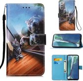 Voor Samsung Galaxy Note20 Gekleurde Tekening Patroon Geweven Horizontale Flip Leren Case met Houder & Kaartsleuf & Portemonnee & Lanyard (Spiegel Kat)