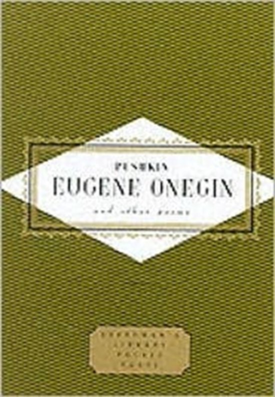 Groen boek met de titel "Eugene Onegin and other poems" in een witte ruit.