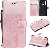 Tree & Cat Pattern Pressed Printing Horizontale Flip PU lederen tas met houder & kaartsleuven & portemonnee & lanyard voor Huawei P Smart Z / Y9 Prime 2019 (Rose Gold)