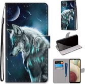 Voor Samsung Galaxy A12 / M12 Gekleurde Tekening Cross Textuur Horizontale Flip PU Lederen Case met Houder & Kaartsleuven & Portemonnee & Lanyard (Peinzende Wolf)