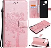 Voor Motorola Moto G9 Power Tree & Cat Pattern Pressed Printing Horizontale Flip PU Leather Case met houder & kaartsleuven & portemonnee & Lanyard (Rose Gold)