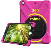 Voor iPad 9.7 (2018) en iPad 9.7 (2017) 360 graden rotatie pc + siliconen beschermhoes met houder en draagriem (magenta)