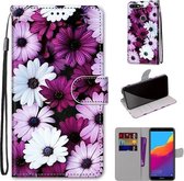 Voor Huawei Y7 (2018) / Enjoy 8 Gekleurde tekening Cross Texture Horizontale Flip PU lederen hoes met houder & kaartsleuven & portemonnee & lanyard (Chrysanthemum Pink White Purple)