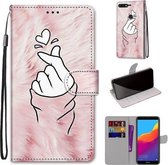 Voor Huawei Y7 (2018) / Enjoy 8 Gekleurde Tekening Cross Textuur Horizontale Flip PU Lederen Case met Houder & Kaartsleuven & Portemonnee & Lanyard (Roze Handen Hart)