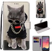 Voor Nokia C2 Gekleurde Tekening Cross Textuur Horizontale Flip PU Lederen Case met Houder & Kaartsleuven & Portemonnee & Lanyard (Gouden Ketting Grijze Kat)