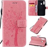 Voor Galaxy A70e Boom & Kat Patroon Geperst Afdrukken Horizontale Flip PU Lederen Case met Houder & Kaartsleuven & Portemonnee & Lanyard (Roze)