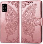 Voor Galaxy A51 vlinder liefde bloem reliëf horizontale flip lederen tas met beugel / kaartsleuf / portemonnee / lanyard (rose goud)