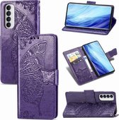 Voor OPPO Reno 4 PRO 4G vlinder liefde bloem reliëf horizontale flip lederen tas met beugel / kaartsleuf / portemonnee / lanyard (donkerpaars)