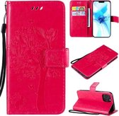 Voor iPhone 12/12 Pro Tree & Cat Reliëfpatroon Horizontale Flip Leren Case met Houder & Kaartsleuven & Portemonnee & Lanyard (Rose Red)