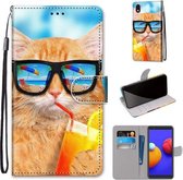 Voor Samsung Galaxy A01 Core Gekleurde Tekening Cross Textuur Horizontale Flip PU Lederen Case met Houder & Kaartsleuven & Portemonnee & Lanyard (Kat Drinken Soda)