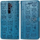 Voor Geschikt voor Xiaomi redmi note 8 pro schattige kat en hond reliëf horizontale flip pu lederen tas met houder / kaartsleuf / portemonnee / lanyard (blauw)