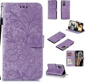 Voor Samsung Galaxy Note20 Kant Bloem Horizontale Flip Leren Case met Houder & Kaartsleuven & Portemonnee & Fotolijst (Paars)