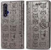 Voor Huawei Honor 20 Leuke Kat en Hond Reliëf Horizontale Flip PU Leren Case met Houder / Kaartsleuf / Portemonnee / Lanyard (Grijs)