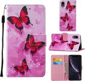Voor iPhone XR Cross Texture Painting Pattern Horizontale Flip Leren Case met Houder & Kaartsleuven & Portemonnee & Lanyard (Roze Vlinder)