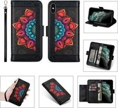 Afdrukken Tweekleurig half mandala-patroon Dubbelzijdige magnetische gesp Horizontale flip lederen tas met houder & kaartsleuven & portemonnee & fotolijst & lanyard voor iPhone XS Max (zwart)