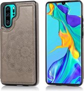 Voor Huawei P30 Mandala-patroon met dubbele gesp PU + TPU-beschermhoes met kaartsleuven en houder & fotolijst (grijs)