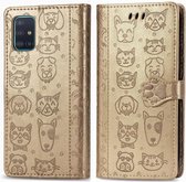 Voor Galaxy A51 5G mooie kat en hond reliëfpatroon horizontaal flip lederen tas, met houder & kaartsleuven & portemonnee & cartoon sluiting & lanyard (goud)