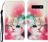 Voor Samsung Galaxy S10 Gekleurde Tekening Patroon Horizontale Flip Leren Case met Houder & Kaartsleuven & Portemonnee & Lanyard (Scheel Kat)