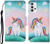 Voor Samsung Galaxy A32 5G Gekleurde Tekening Patroon Horizontale Flip Leren Case met Houder & Kaartsleuven & Portemonnee & Lanyard (Regenboog Eenhoorn)