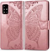 Voor Galaxy A51 Butterfly Love Flowers Embossing Horizontale Flip Leather Case met Houder & Kaartsleuven & Portemonnee & Lanyard (Rose Gold)