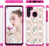 Voor Samsung Galaxy A21 (Amerikaanse versie) Gekleurd tekeningpatroon PU Skinny + TPU beschermhoes (roze pony)