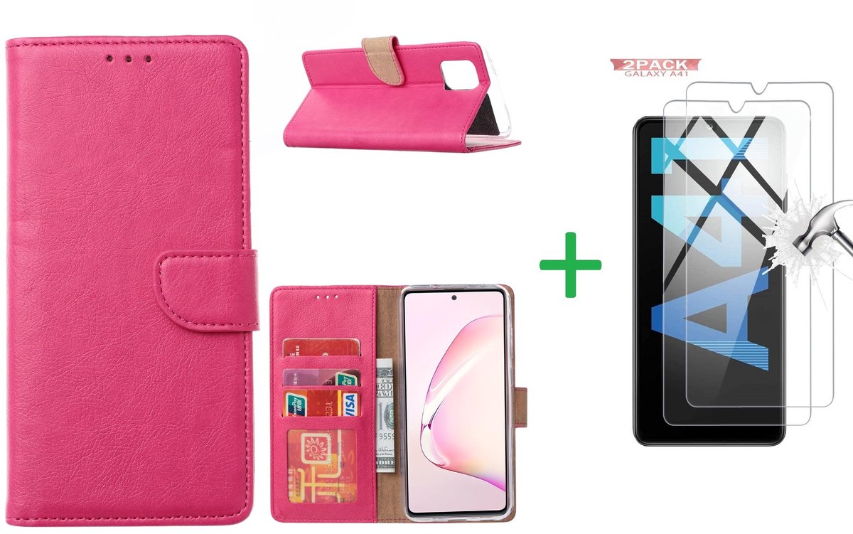 Hoesje Geschikt Voor Samsung Galaxy A41 Boek hoesje + 2X Screenprotector Pink