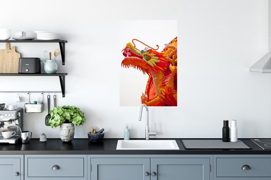 Poster Dragon chinois rouge sur fond blanc 40x60 cm - Tirage photo sur Poster (décoration murale salon / chambre)