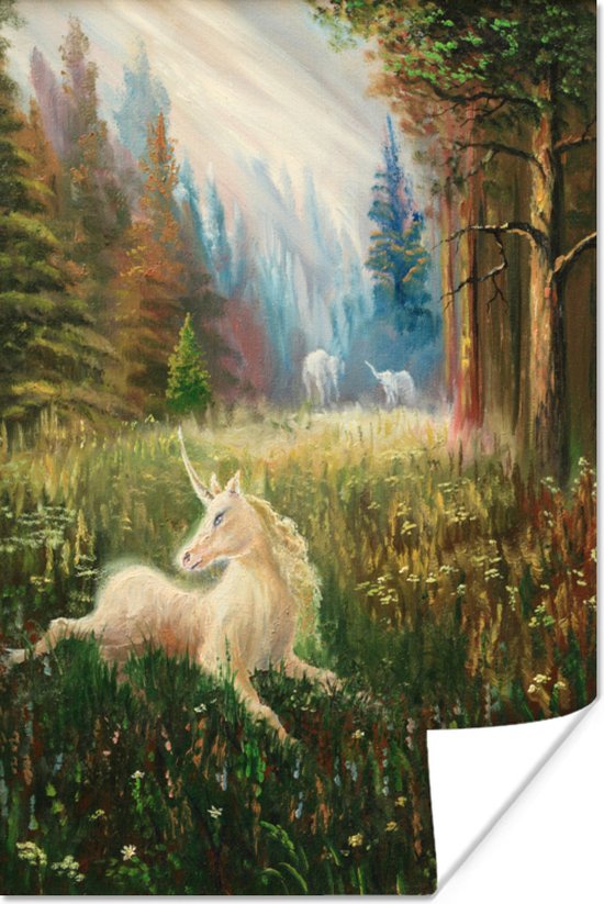Poster Een illustratie van een eenhoorn in een bos - Meisjes - Kinderen - Kids - 60x90 cm