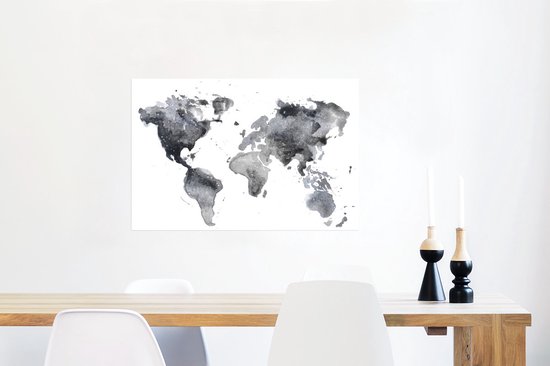 Carte du monde abstraite réalisée à l'aquarelle noire et grise 90x60 cm