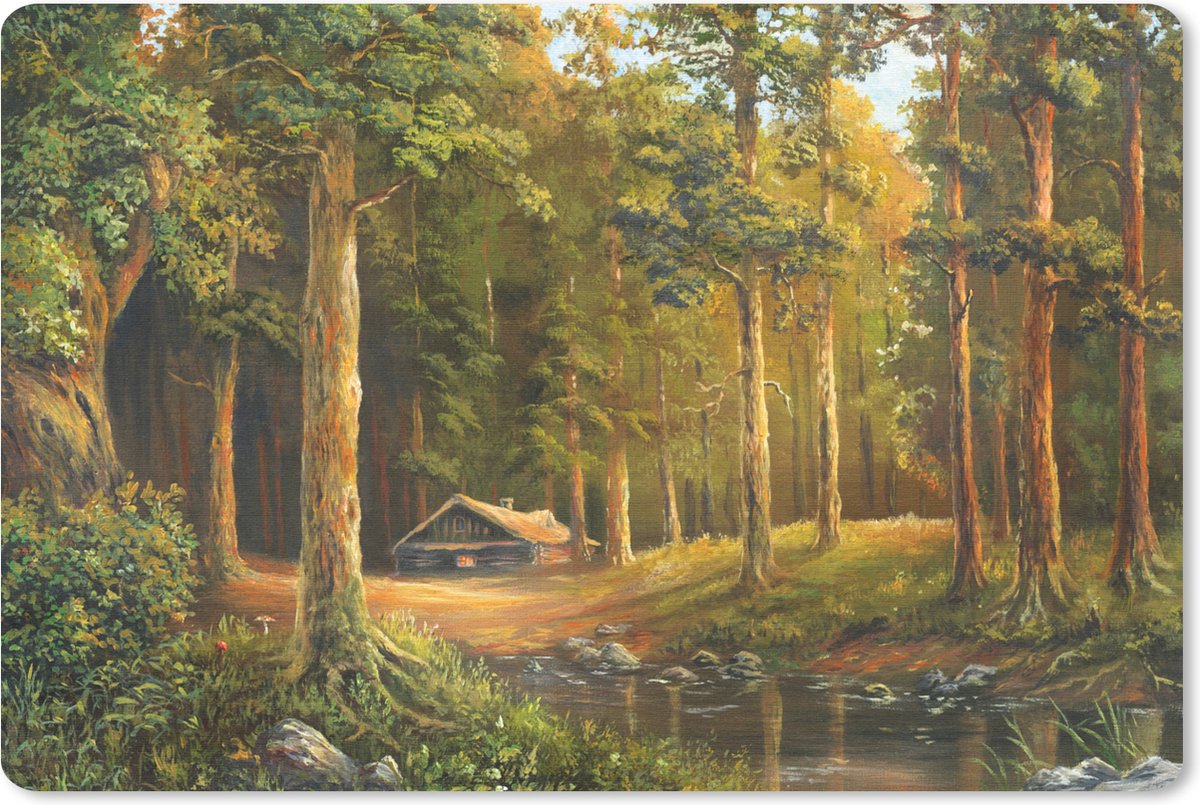 Muismat Bossen en bomen illustratie - Een illustratie van een huisje in een bos muismat rubber - 27x18 cm - Muismat met foto