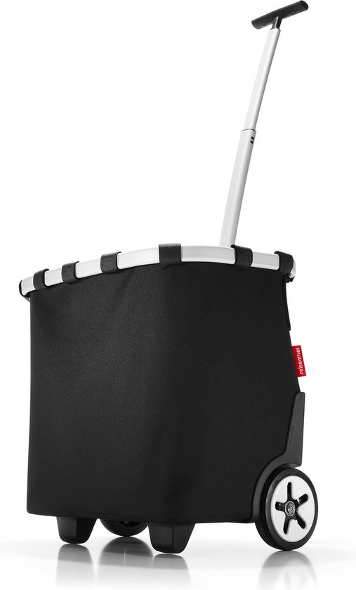 Zwarte boodschappentrolley met witte gestreepte rand en telescopisch handvat.