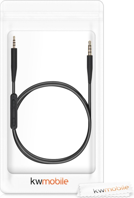 Zwarte koptelefoonkabel met 3,5mm jackpluggen, microfoon en volumeregeling, in verpakking.