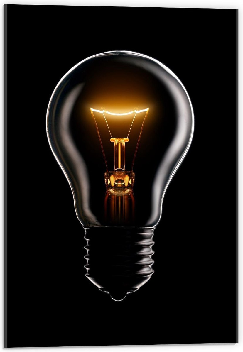 Acrylglas - Gloeilamp op Zwarte Achtergrond - 40x60cm Foto op Acrylglas (Wanddecoratie op