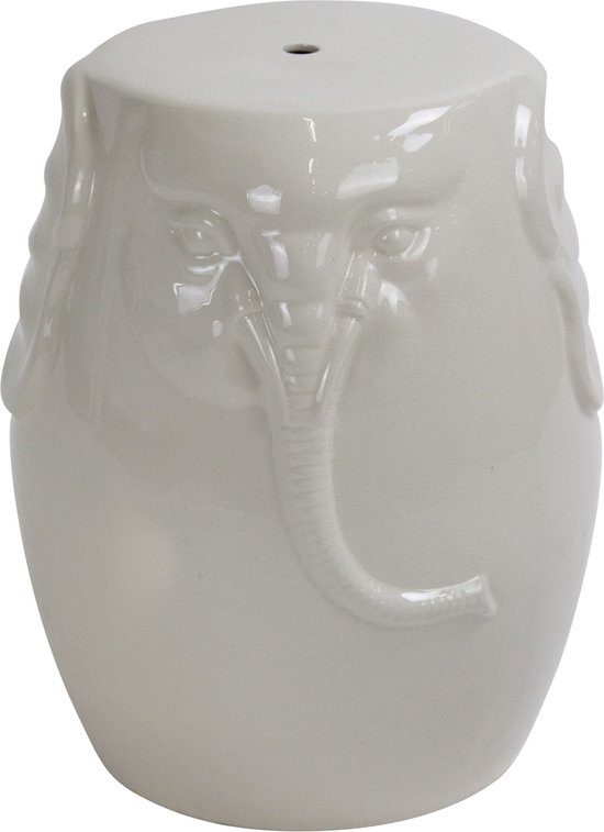 Witte keramieken kruk met een olifanten gezicht in reliëf.