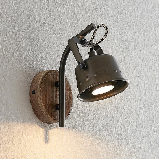 Lindby - wandlamp - 1licht - ijzer, hout - H: 21.5 cm - GU10 - bruin, zwart
