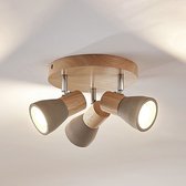 Lindby - LED plafondlamp - 3 lichts - beton, hout, metaal - H: 15 cm - E14 - betongrijs, licht hout, gesatineerd nikkel - A+ - Inclusief lichtbronnen